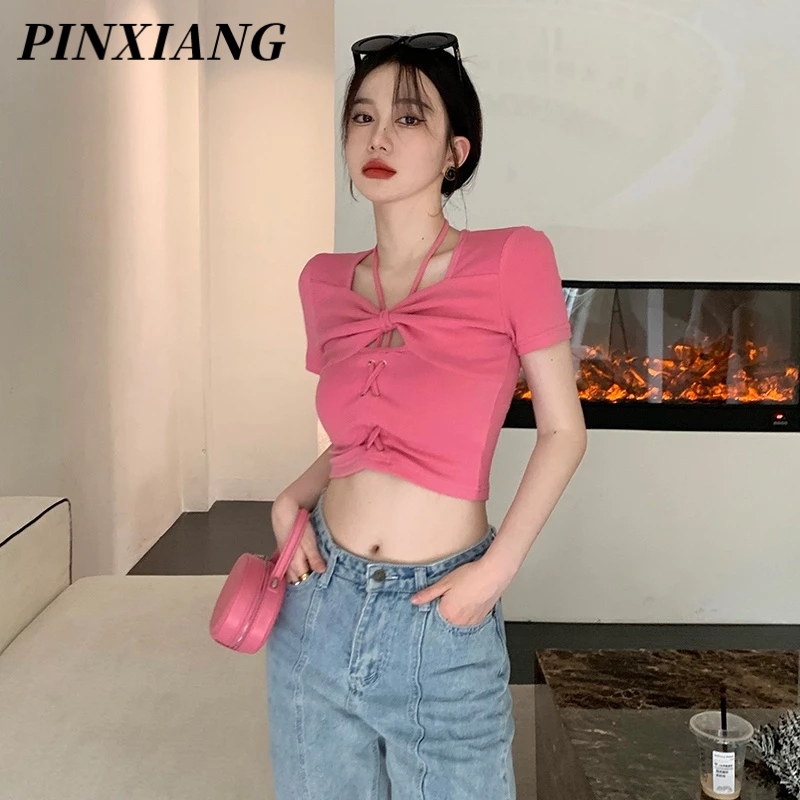 PINXIANG Áo Thun Ngắn Tay Khoét Lỗ Hở Đính Nơ Màu Trơn Phong Cách Mới Cho Nữ Sinh
