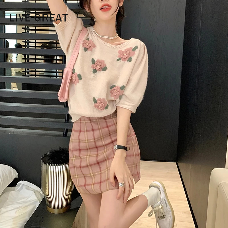 LIVE GREAT Bộ Áo Dệt Kim Tay Phồng + Chân Váy Sọc Ca Rô Thời Trang Thanh Lịch Kiểu Hàn Quốc
