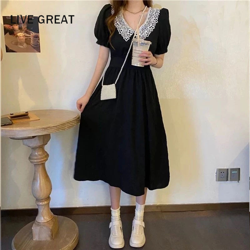 LIVE GREAT Đầm Dài Qua Gối Xếp Ly Nhẹ Nhàng Phong Cách Hàn Quốc Cho Nữ