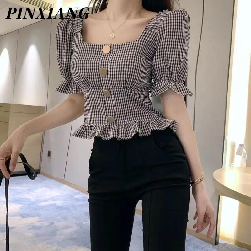 PINXIANG Áo Sơ Mi Ngắn Tay Hở Lưng Ôm Dáng Họa Tiết Caro Viền Gỗ Cho Nữ