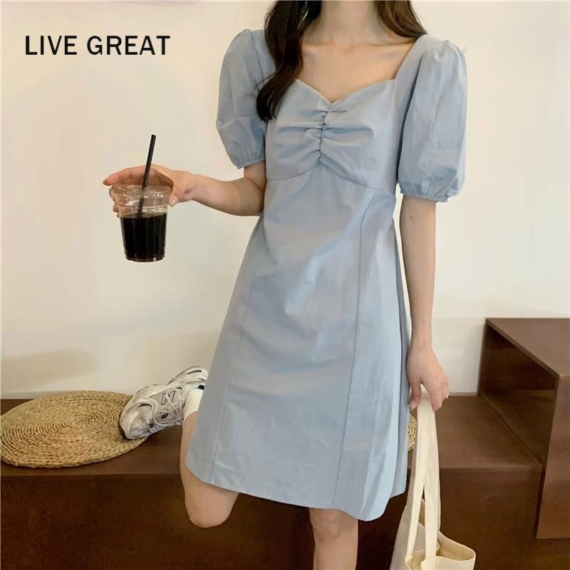 LIVE GREAT Đầm Đen Cổ Vuông Tay Phồng Ôm Eo Kiểu Pháp Thời Trang Mùa Hè Cho Nữ