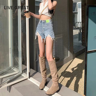 LIVE GREAT  Quần Short Jean Rách Ống Rộng Lưng Cao Thời Trang Mùa Hè Cho Nữ