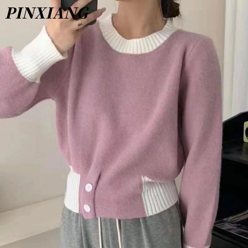 PINXIANG Áo Sweater Dệt Kim Dáng Ngắn Phối Nút Thời Trang Cho Nữ