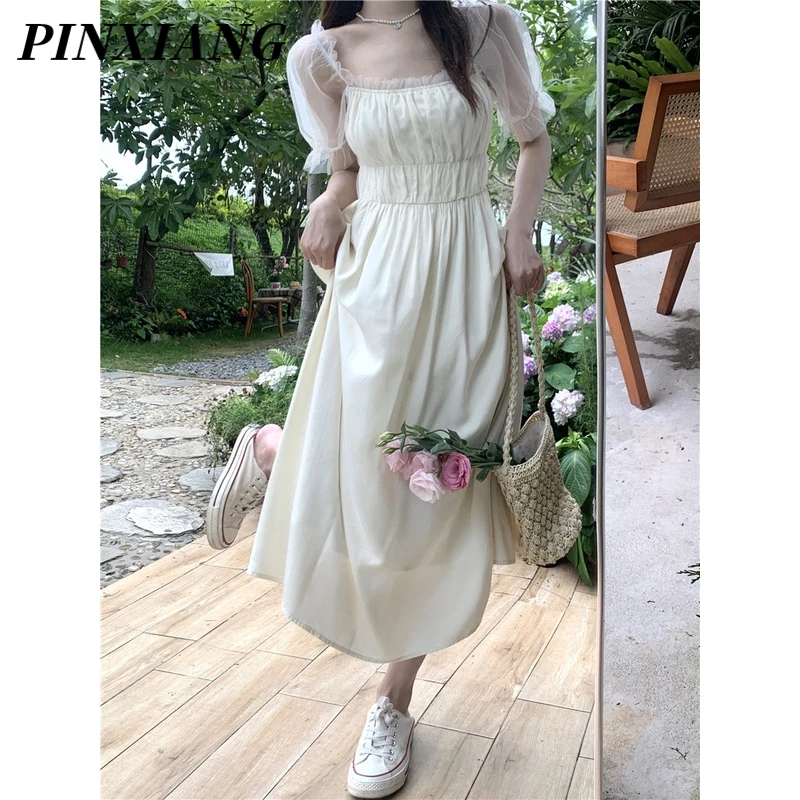 PINXIANG Đầm Dài Dáng Chữ A Tay Phồng Cổ Vuông Màu Trơn Thời Trang Mùa Hè Xinh Xắn Cho Nữ