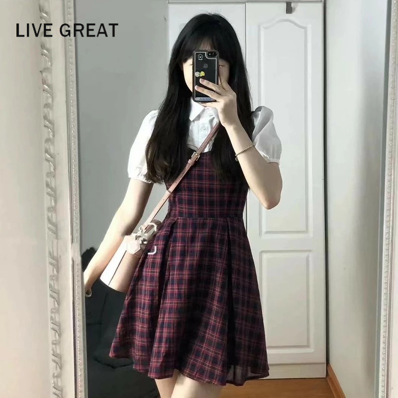 LIVE GREAT Đầm Sơ Mi Giả Hai Lớp Tay Phồng Họa Tiết Sọc Caro Thời Trang Mùa Hè Cao Cấp Cho Nữ