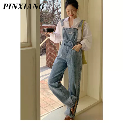 PINXIANG Quần Yếm jeans Thời Trang Hàn Quốc Cho Nữ