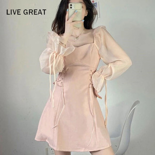 LIVE GREAT  Đầm Tay Phồng Dài Cổ Vuông Form Ôm Phong Cách Pháp Ngọt Ngào