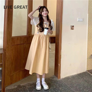 LIVE GREAT  Đầm Dài Cổ Vuông Ghép Nối Màu Tương Phản Khí Chất Thời Trang Mùa Hè Mới Cho Học Sinh
