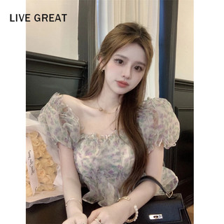 LIVE GREAT  Áo chiffon Trễ Vai Tay Phồng In Họa Tiết Hoa Phong Cách Pháp Ngọt Ngào Thời Trang Mùa Hè Cho Nữ