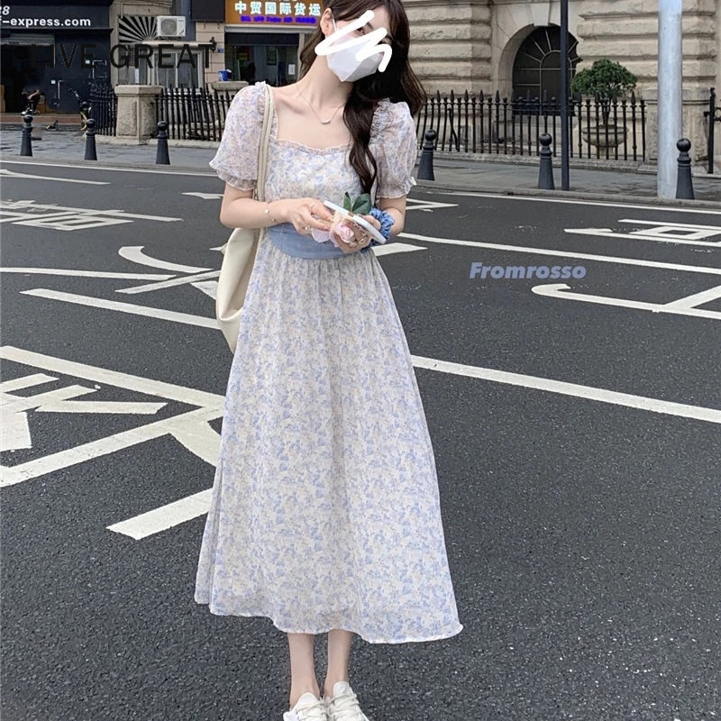LIVE GREAT Đầm Dài Ôm Eo Tay Phồng In Họa Tiết Hoa Thời Trang Mùa Hè Hàng Mới Dành Cho Bạn Nữ