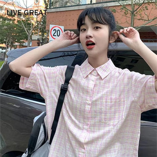 Áo LIVE GREAT ngắn tay dáng rộng họa tiết sọc caro thời trang mùa hè cho nữ