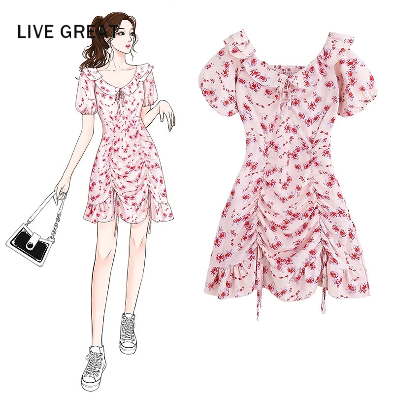 LIVE GREAT Đầm Ngắn Họa Tiết Hoa Phong Cách Pháp Thời Trang Cho Nữ