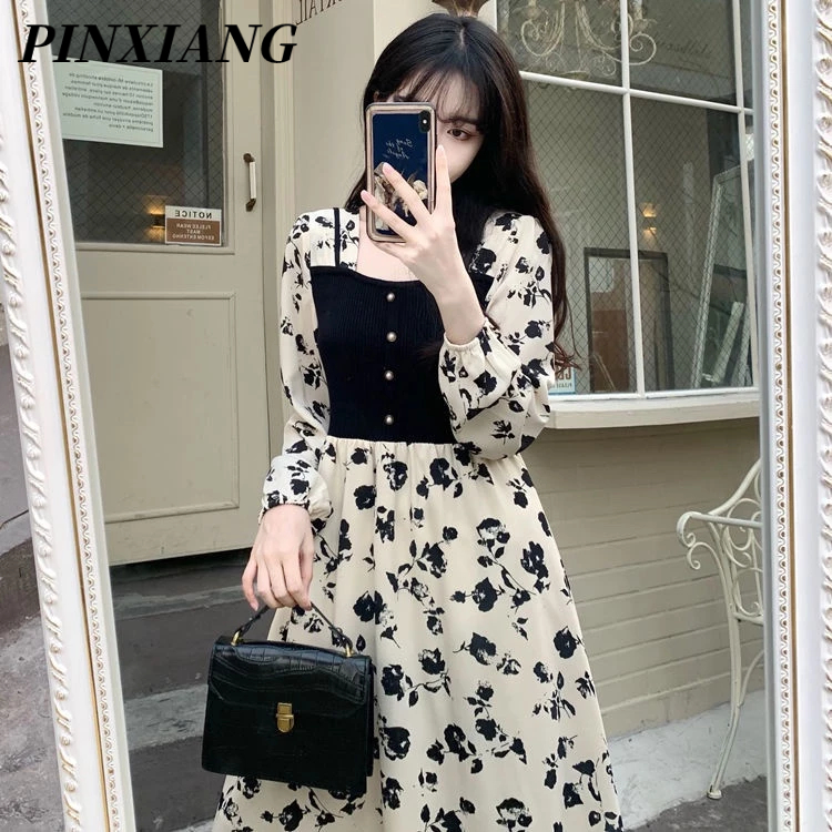 PINXIANG Đầm Hoa Giả Hai Lớp Dáng Ôm Dài Qua Gối Thời Trang Thanh Lịch Cho Nữ