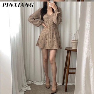 PINXIANG Đầm Dệt Kim Cổ V Thời Trang Dành Cho Nữ