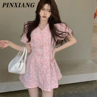 PINXIANG Đầm Ngắn Tay Phồng Cổ Chữ V Hở Lưng Dập Nổi Họa Tiết Ba Chiều Phong Cách Pháp Thời Trang Cho Nữ