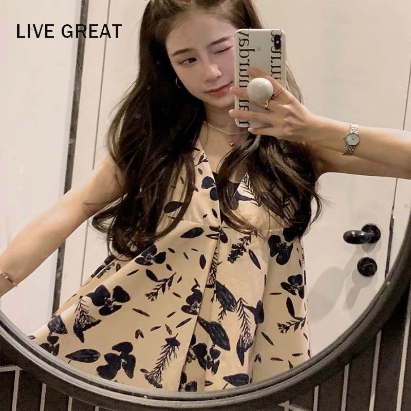 LIVE GREAT Áo Sơ Mi Không Tay Cổ Chữ V In Hoa Phong Cách Pháp Thời Trang Cho Nữ