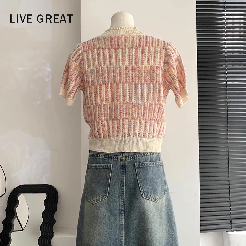 LIVE GREAT Áo cardigan Dệt Kim Mỏng Tay Ngắn Cổ Chữ V Phong Cách Ngọt Ngào Cho Nữ