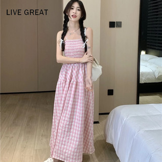 LIVE GREAT  Đầm Dài Hai Dây Họa Tiết Caro Màu Hồng Cao Cấp Thời Trang Mùa Hè Dành Cho Nam Tuổi Trung Niên