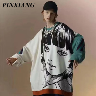 Pinxiang áo sweater tay dài cổ tròn in hoạt hình kiểu nhật bản dễ thương cho các cặp đôi