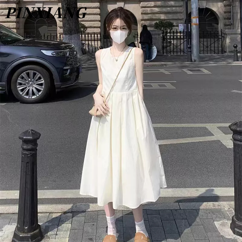 PINXIANG Đầm Xòe Không Tay Ôm Eo Phong Cách Pháp Thời Trang Cho Nữ