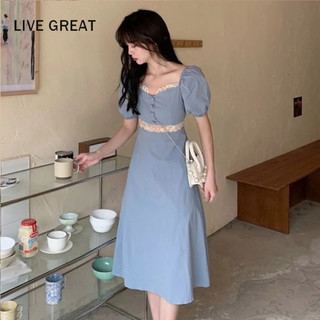 Đầm chữ A LIVE GREAT cổ vuông tay ngắn ôm dáng thời trang mùa hè xinh xắn cho nữ