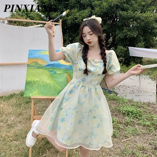 PINXIANG Đầm Ngắn Tay Phồng Cổ Vuông In Hoa Thời Trang Xuân Hè Cho Nữ