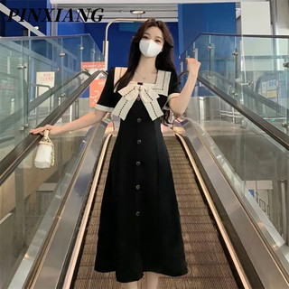 PINXIANG  Đầm Tay Ngắn Mỏng Nhẹ Đính Nơ Phong Cách Hepburn Pháp Thời Trang Quyến Rũ Cho Nữ