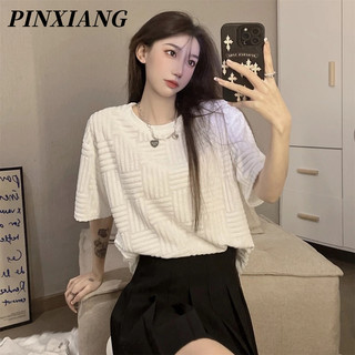 PINXIANG Áo Thun Nữ Ngắn Tay Cổ Tròn Thời Trang Hàn