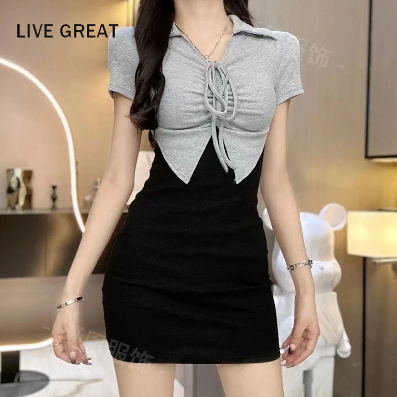 LIVE GREAT Set Áo Thun Polo Phối Chân Váy Ôm Dáng Xẻ Tà Thời Trang Mùa Hè Cho Nữ