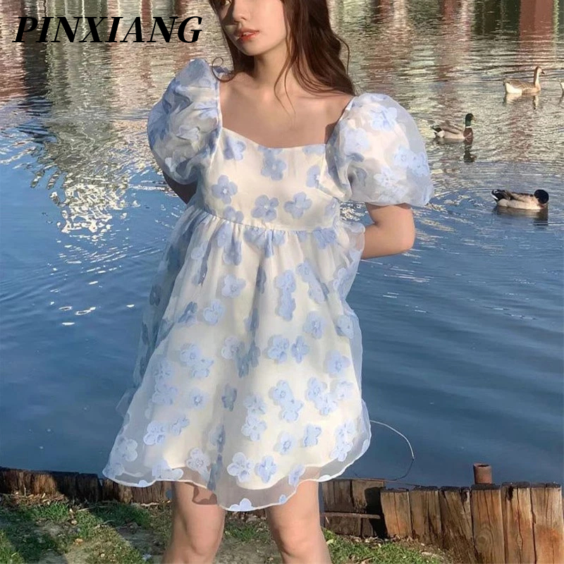 PINXIANG Đầm Công Chúa Tay Phồng Họa Tiết Hoa Nhỏ Xinh Xắn Phong Cách Pháp Thời Trang Cho Nữ