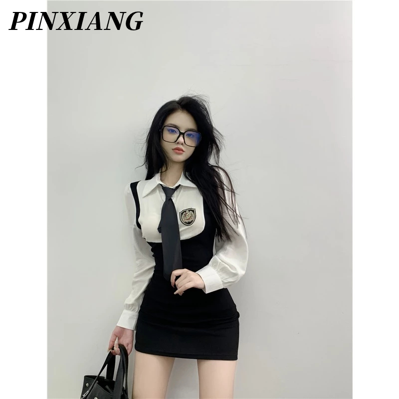 PINXIANG Đầm Sơ Mi Giả Hai Lớp Tay Dài Cổ polo Ngắn Dáng Ôm Thời Trang Mùa Thu Dành Cho Bạn Nữ Mặc Khi Mặc Váy Ngắn