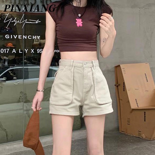 Pinxiang quần short kaki ống rộng lưng cao thời trang công sở cho nữ