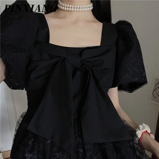 PINXIANG  Đầm Tay Ngắn Cổ Vuông Ôm Eo Phối Lưới Đính Nơ Kiểu Pháp Ngọt Ngào
