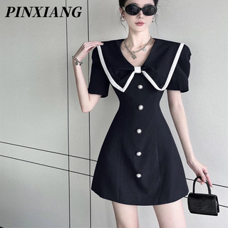 PINXIANG  Đầm Đen Ôm Eo Thời Trang Dành Cho Nữ
