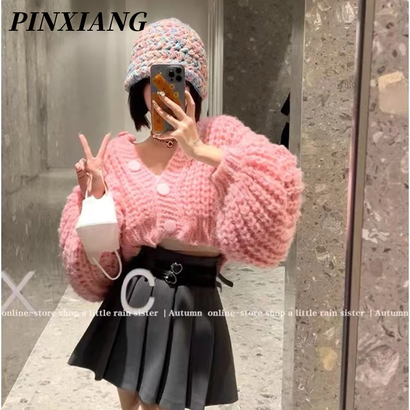 PINXIANG women's new thick line candy color knitted cardigan sweet and age-reducing small fresh sweater