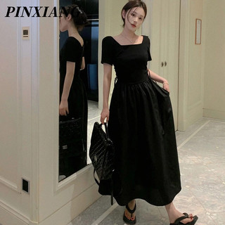 PINXIANG Đầm Midi Tay Ngắn Cổ Tròn Màu Sắc Đơn Giản Phong Cách Hàn Quốc Thời Trang Cho Nữ