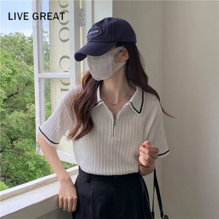 LIVE GREAT  Áo polo Vải Jacquard Tay Ngắn Phối Khóa Kéo Thời Trang Cho Nữ
