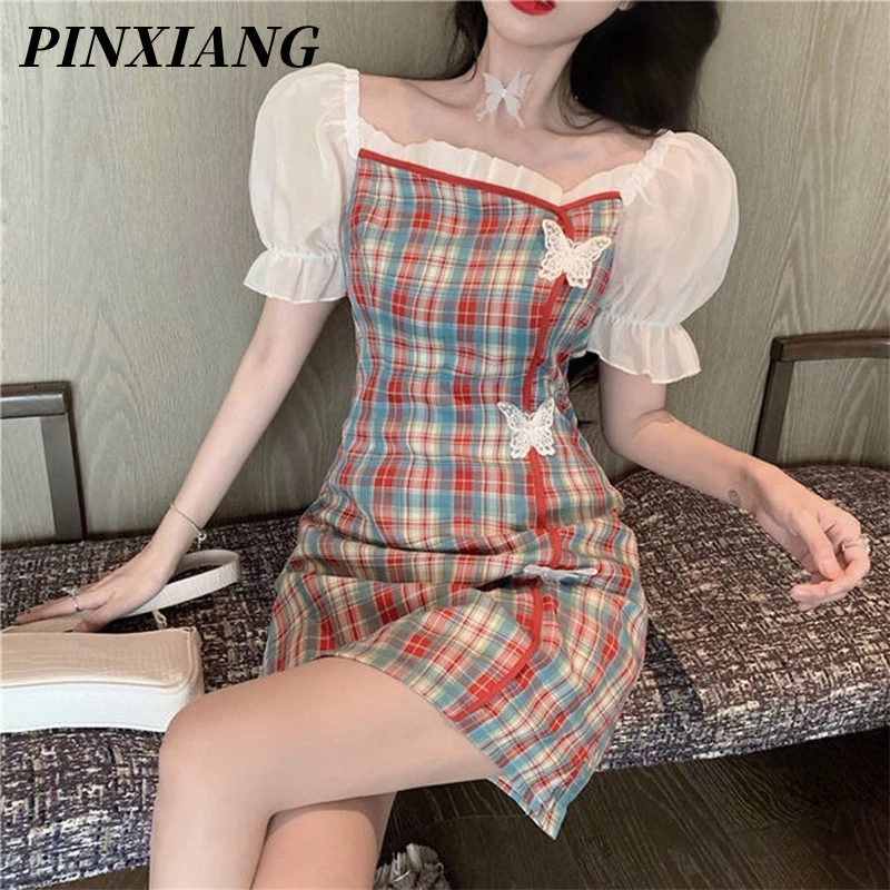 PINXIANG Đầm Sườn Xám Tay Phồng Ôm Dáng Họa Tiết Bướm Xinh Xắn Dành Cho Nữ