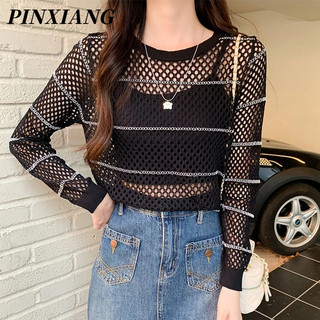 PINXIANG Áo Len Tay Dài Họa Tiết Sọc Ngang Thời Trang Cho Nữ