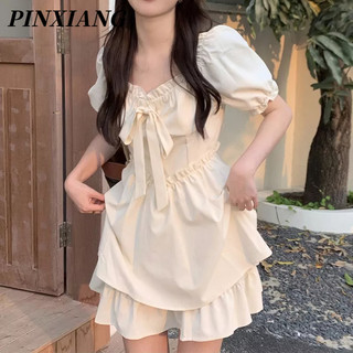 Đầm PINXIANG ngắn tay phồng cổ vuông viền gỗ thắt nơ eo thời trang Pháp dành cho nữ