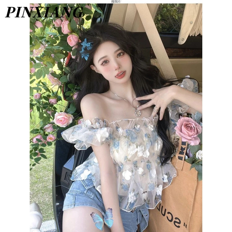 PINXIANG Áo Kiểu Trễ Vai Tay Phồng In Họa Tiết Hoa Thời Trang Mùa Hè Xinh Xắn Cho Nữ