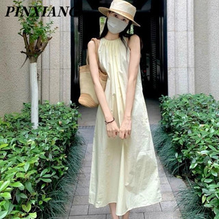 PINXIANG Đầm Midi Không Tay Màu Trơn Phong Cách Pháp Thời Trang Cao Cấp Mới Cho Nữ