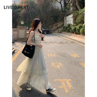 LIVE GREAT Đầm Hai Dây Dáng Dài Đính Tai Gỗ Phong Cách Hàn Quốc Thời Trang Mùa Hè