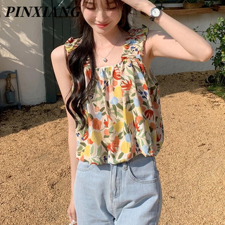 PINXIANG Áo Thun Nữ Cộc Tay In Hoa Thời Trang Hàn Quốc