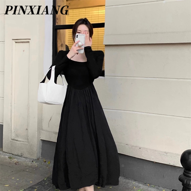 PINXIANG Đầm Dài Cổ Vuông Tay Dài Phong Cách Pháp Thời Trang Mới Cho Nữ