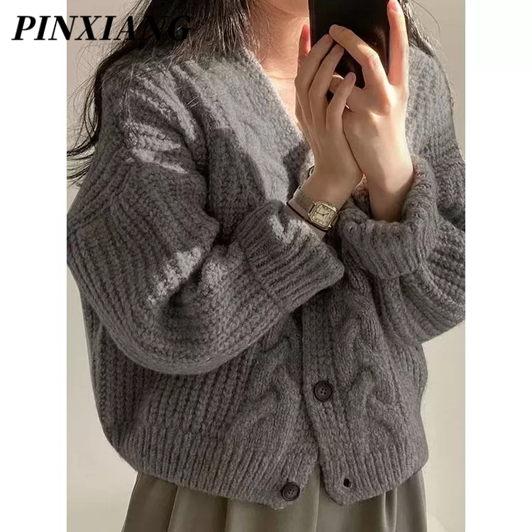 PINXIANG Áo Khoác Cardigan Dài Tay Cổ Chữ V Thời Trang Nữ