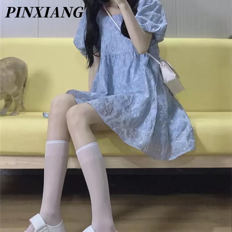 PINXIANG Đầm Công Chúa Cổ Vuông Tay Phồng Màu Xanh Dương Phong Cách Hàn Quốc Mới Cho Nữ