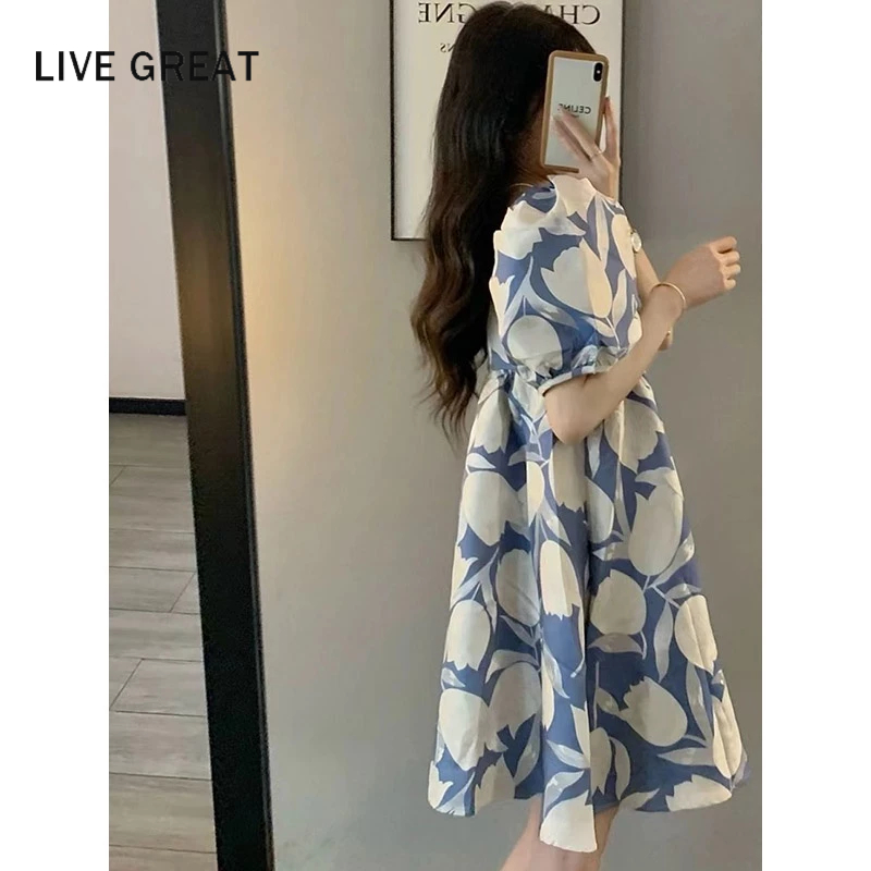 Đầm midi LIVE GREAT tay phồng in họa tiết thời trang chất lượng cao cho nữ