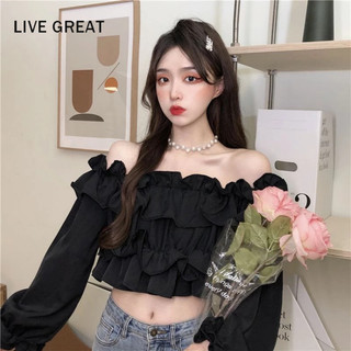 LIVE GREAT  Áo Kiểu Ngắn Tay Trễ Vai Phối Bèo Ngọt Ngào