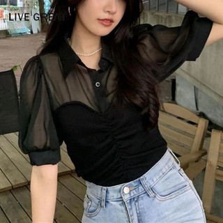 LIVE GREAT  Áo Thun Polo Tay Ngắn Dáng Ôm Thiết Kế Chắp Vá Mảnh Mai Thời Trang Mới Cho Nữ